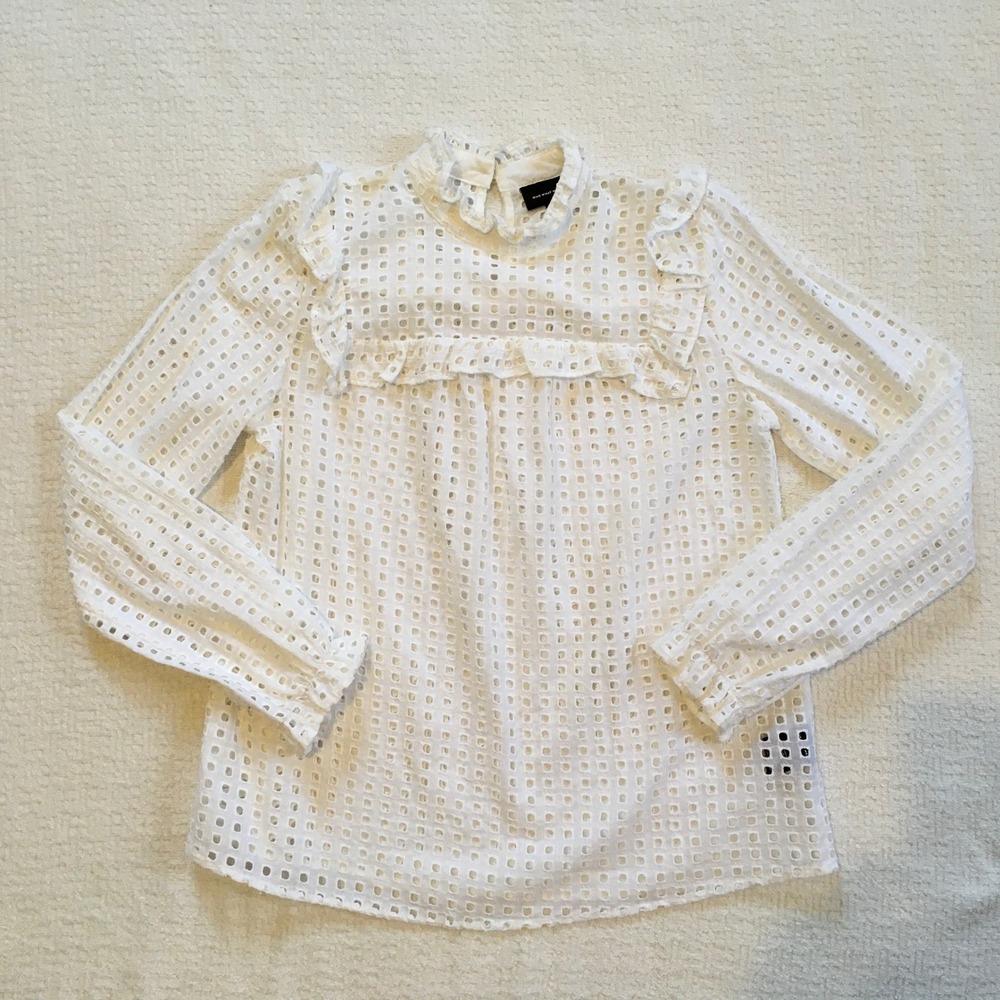 White Eyelet Ruffle Womens S Mock Neck Shirt Bohemian Cottagecore Feminine Top